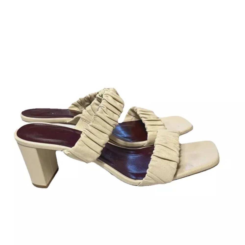 Staud $300 Ruched Frankie Sandals in Ivory Leather Strappy Heels Mules Sz 38